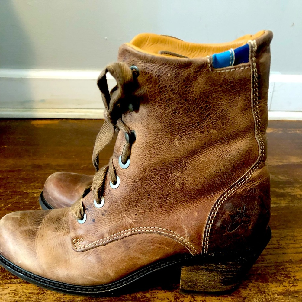 John Fluevog classic brown lace up boots.